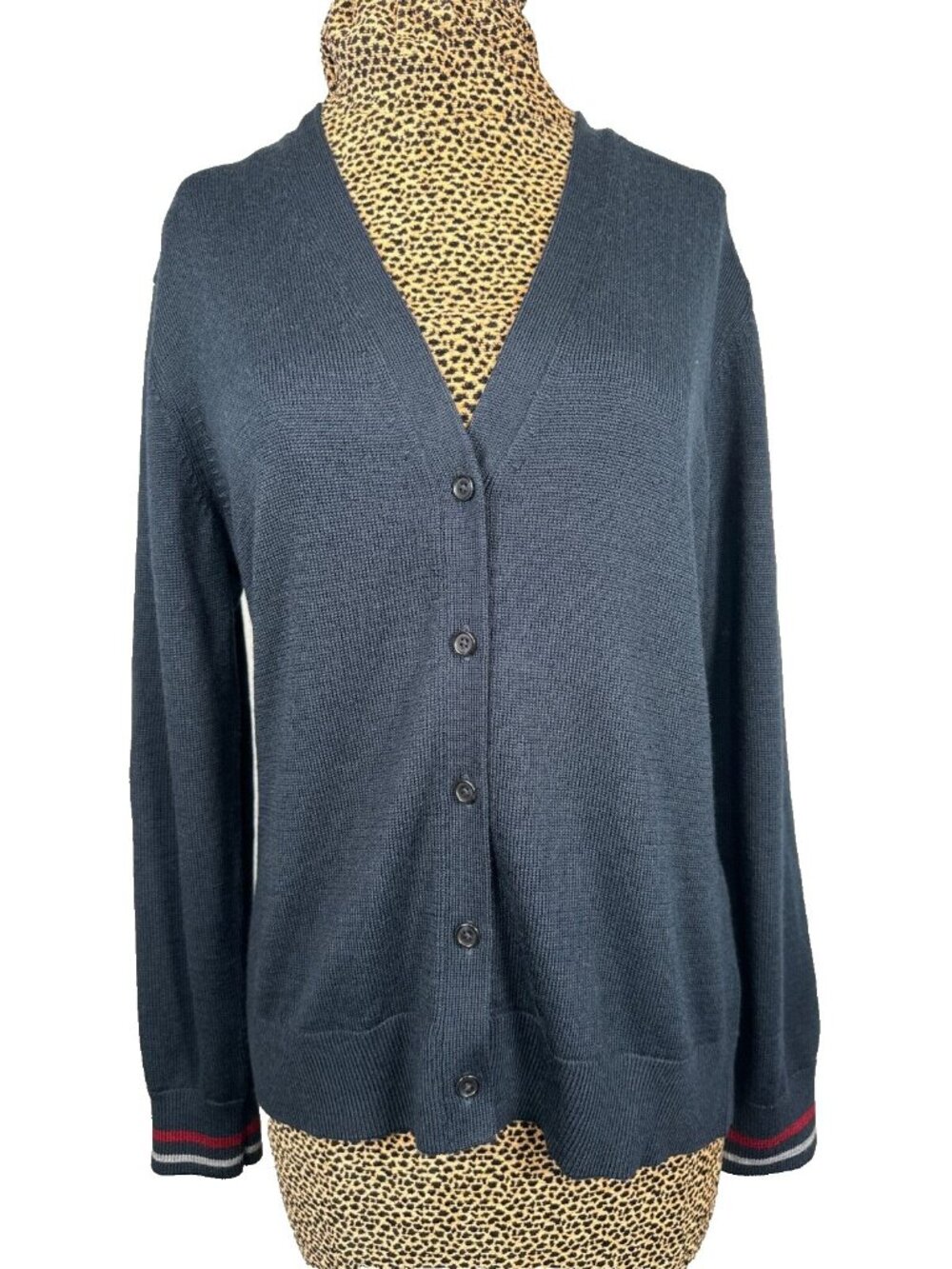 Brooks Brothers Large Womens Cardigan Striped Wrists Navy Blue V-Neck Wool Blend
